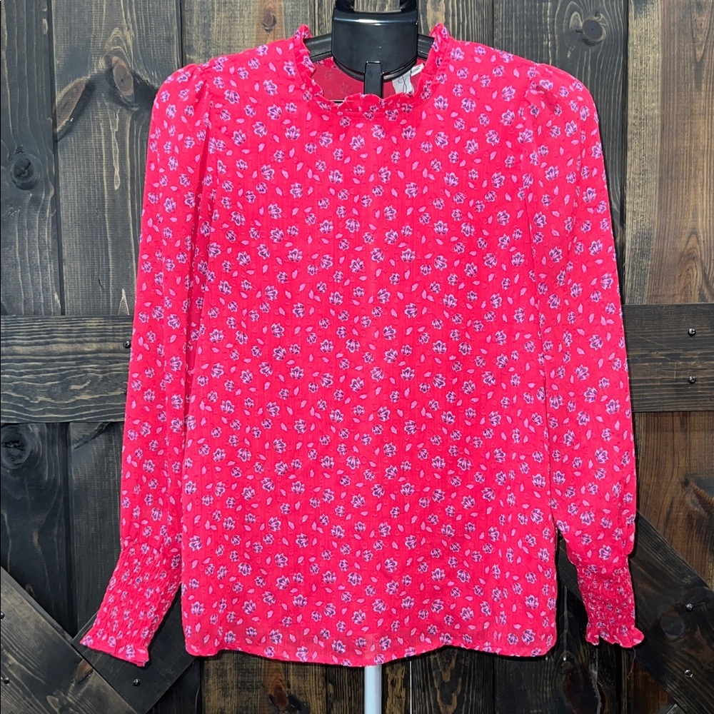 Joie Pink Micro Floral Top M Smocked Sleeves Ruffle Collar Ditsy Boho